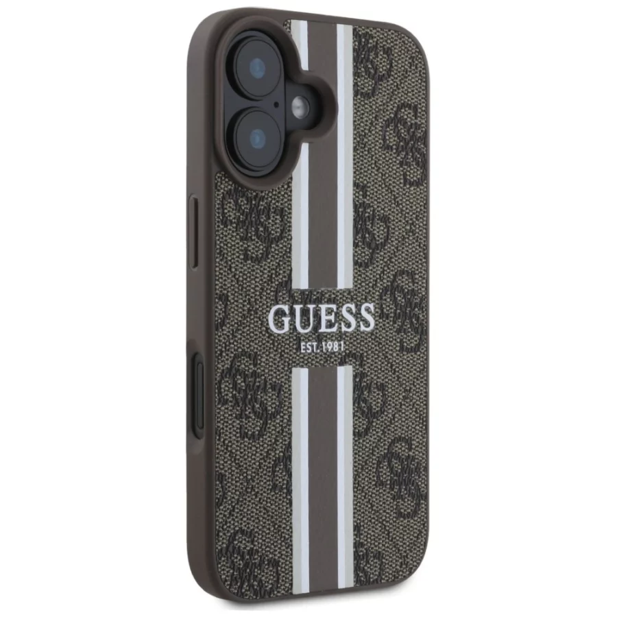 Etui Guess 4G Printed Stripes MagSafe na iPhone 16 - brązowe