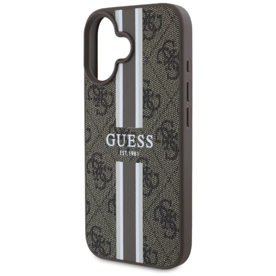 Etui Guess 4G Printed Stripes MagSafe na iPhone 16 - brązowe
