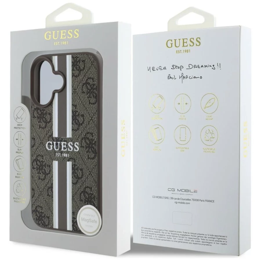 Etui Guess 4G Printed Stripes MagSafe na iPhone 16 - brązowe
