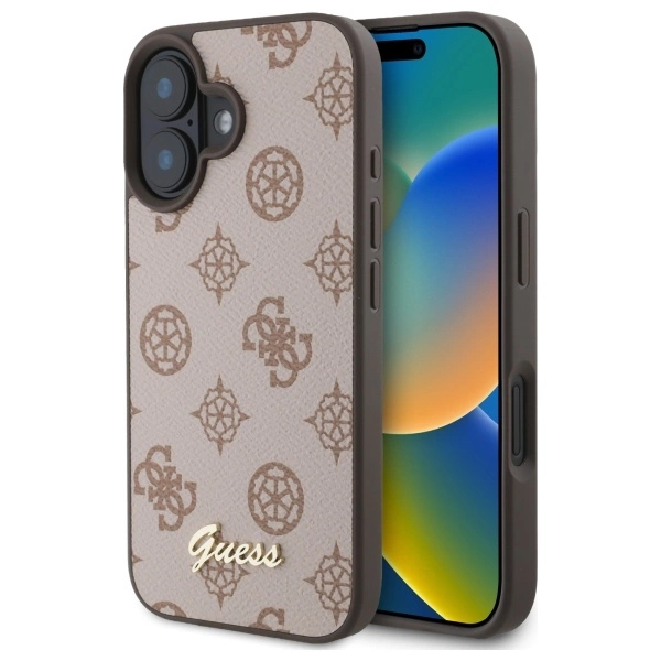 Etui Guess Peony Script MagSafe na iPhone 16 - brązowe