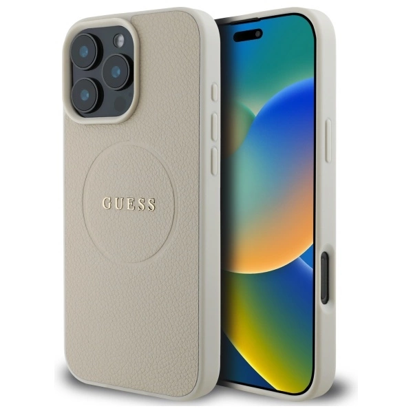 Etui Guess Grained Gold Ring MagSafe na iPhone 16 Pro Max - beżowe