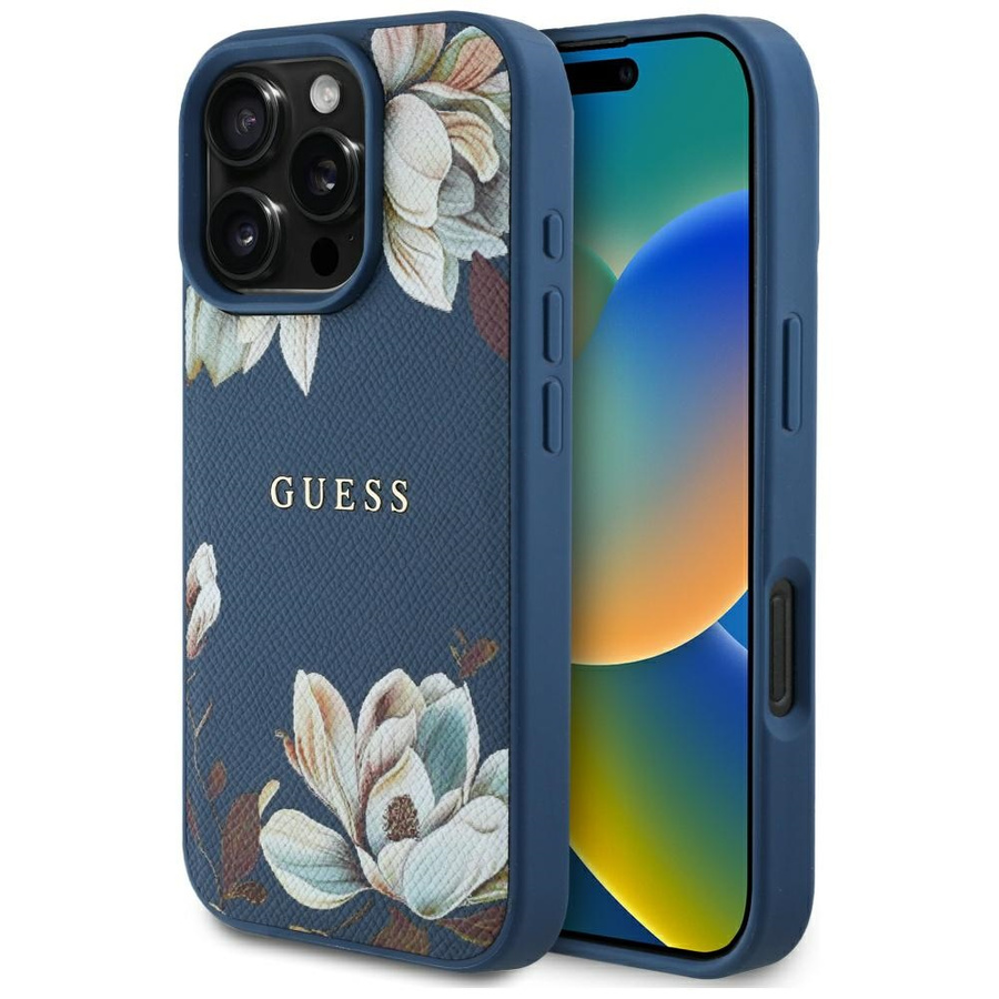 Etui Guess Grained Printed Flower        Pattern MagSafe do iPhone 16 Pro niebieski