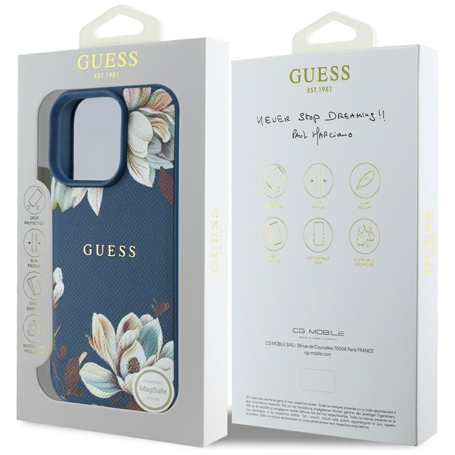 Etui Guess Grained Printed Flower        Pattern MagSafe do iPhone 16 Pro niebieski