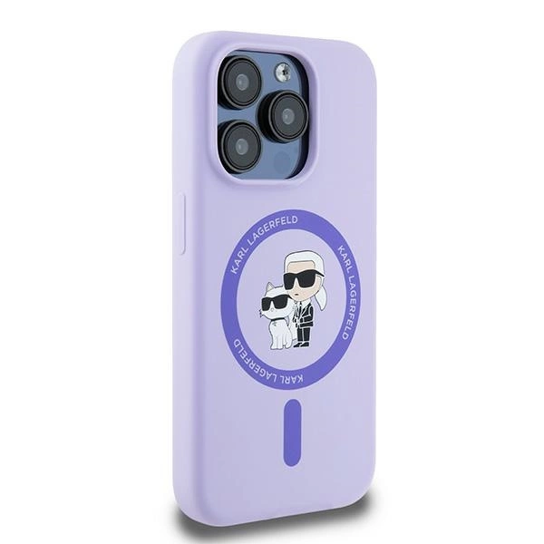 Etui Karl Lagerfeld Silicone Karl&Choupette Heads Ring MagSafe na iPhone 15 Pro - fioletowe