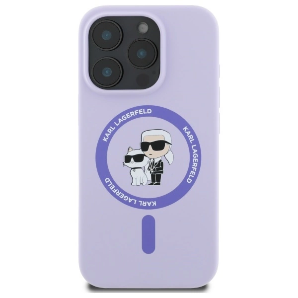 Etui Karl Lagerfeld Silicone Karl&Choupette Heads Ring MagSafe na iPhone 16 Pro - fioletowe