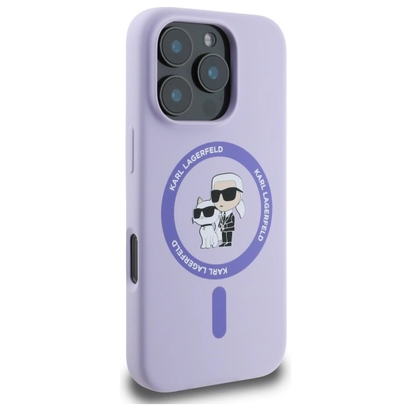 Etui Karl Lagerfeld Silicone Karl&Choupette Heads Ring MagSafe na iPhone 16 Pro - fioletowe