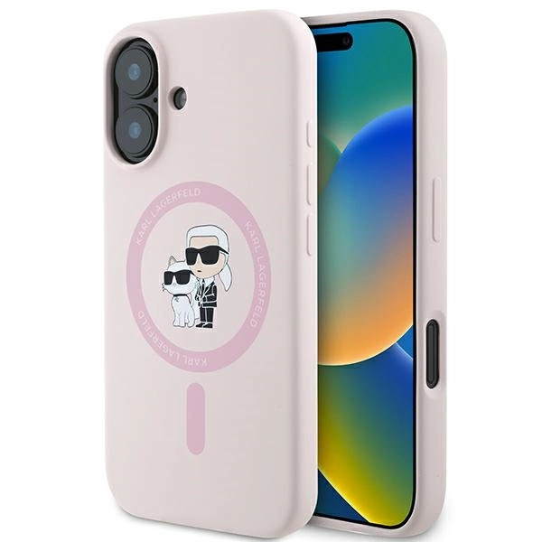 Etui Karl Lagerfeld Silicone Karl&Choupette Heads Ring MagSafe na iPhone 16 Plus - różowe