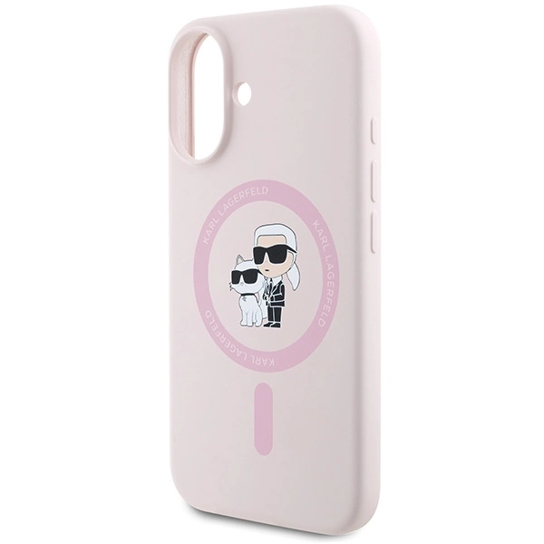 Etui Karl Lagerfeld Silicone Karl&Choupette Heads Ring MagSafe na iPhone 16 Plus - różowe