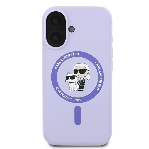 Etui Karl Lagerfeld Silicone Karl&Choupette Heads Ring MagSafe na iPhone 16 Plus - fioletowe