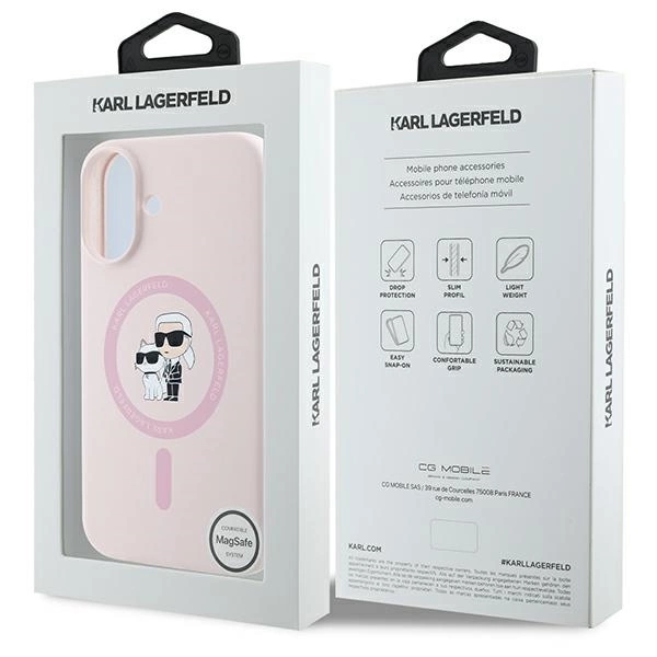 Etui Karl Lagerfeld Silicone Karl&Choupette Heads Ring MagSafe na iPhone 16 - różowe