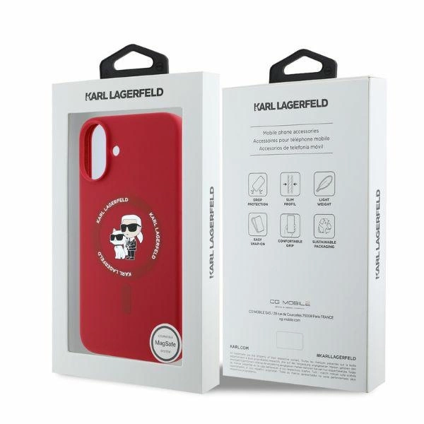 Etui Karl Lagerfeld Silicone Karl&Choupette Heads Ring MagSafe na iPhone 16 - czerwone