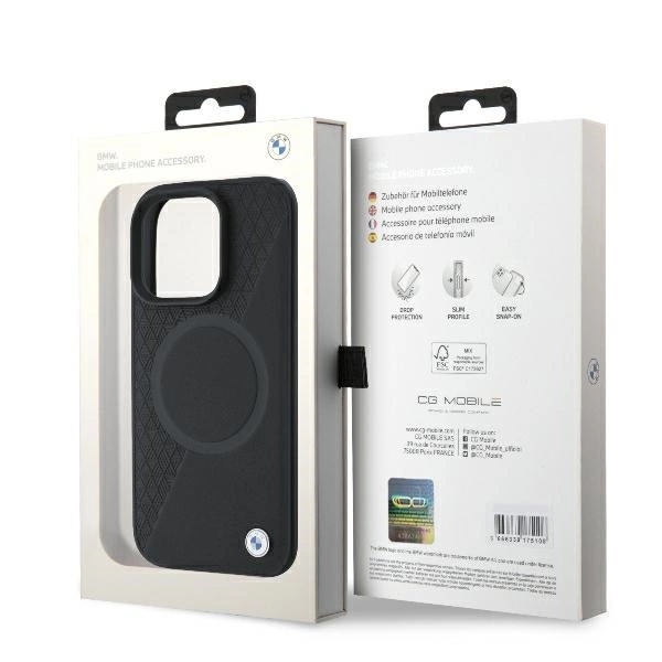 Etui BMW Signature Leather Half Textured & Circle MagSafe na iPhone 16 Pro - czarne