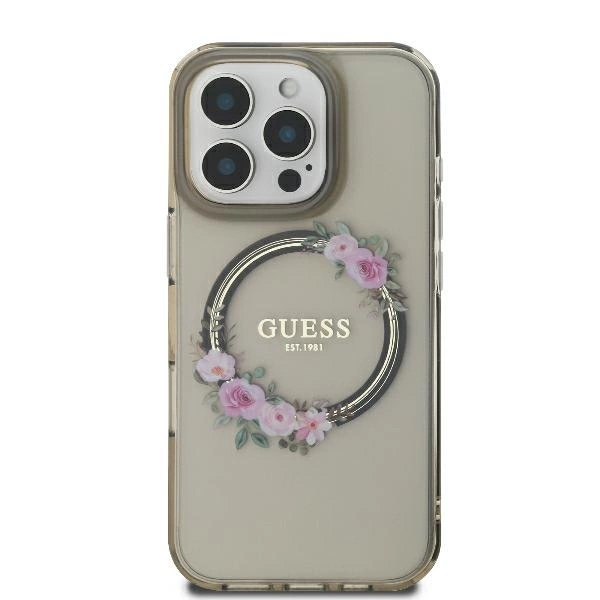 Etui Guess IML Flowers Wreath MagSafe na iPhone 16 Pro - czarne