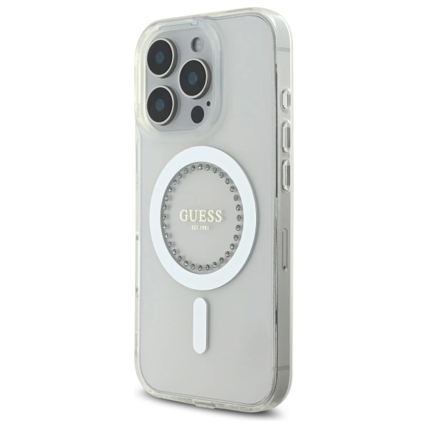 Etui Guess IML Rhinestones MagSafe na iPhone 16 Pro - białe