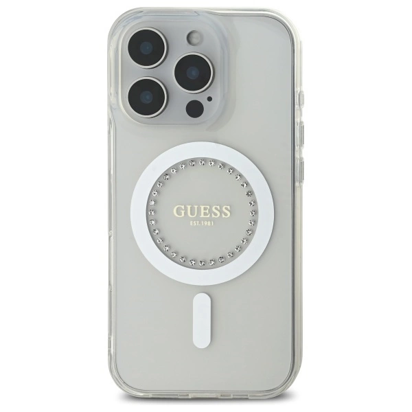 Etui Guess IML Rhinestones MagSafe na iPhone 16 Pro - białe