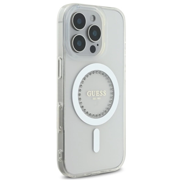 Etui Guess IML Rhinestones MagSafe na iPhone 16 Pro - białe