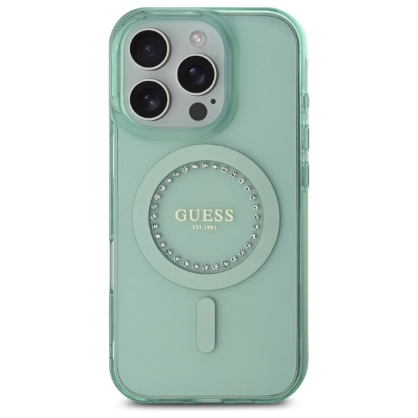 Etui Guess IML Rhinestones MagSafe na iPhone 16 Pro - zielone