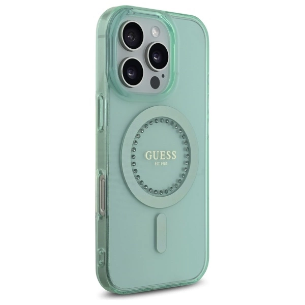Etui Guess IML Rhinestones MagSafe na iPhone 16 Pro - zielone