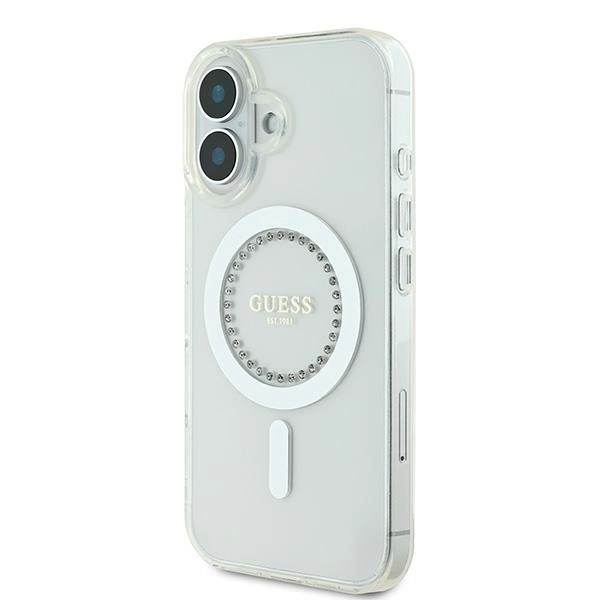 Etui Guess IML Rhinestones MagSafe na iPhone 16 Plus - białe