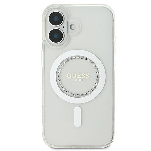 Etui Guess IML Rhinestones MagSafe na iPhone 16 Plus - białe