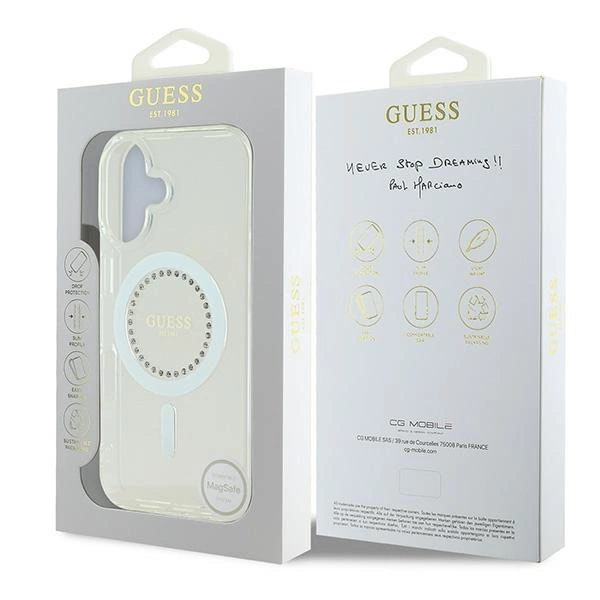 Etui Guess IML Rhinestones MagSafe na iPhone 16 Plus - białe
