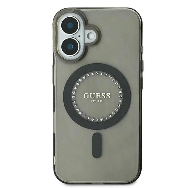 Etui Guess IML Rhinestones MagSafe na iPhone 16 Plus - czarne