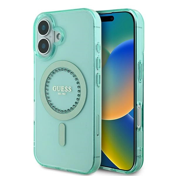 Etui Guess IML Rhinestones MagSafe na iPhone 16 Plus - zielone