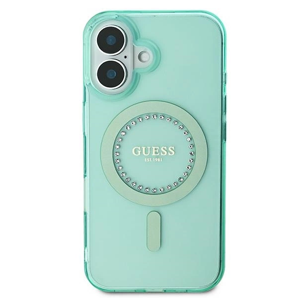 Etui Guess IML Rhinestones MagSafe na iPhone 16 Plus - zielone