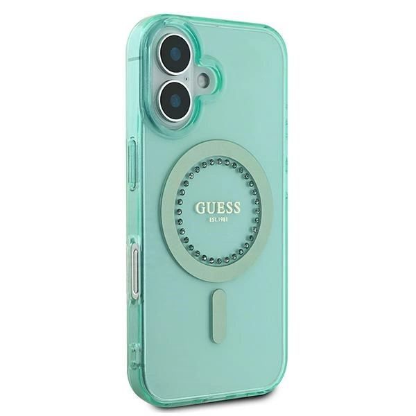 Etui Guess IML Rhinestones MagSafe na iPhone 16 Plus - zielone