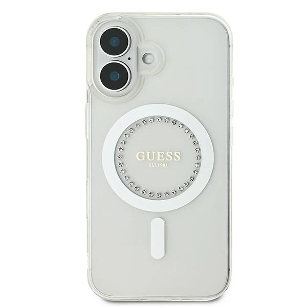 Etui Guess IML Rhinestones MagSafe na iPhone 16 - białe