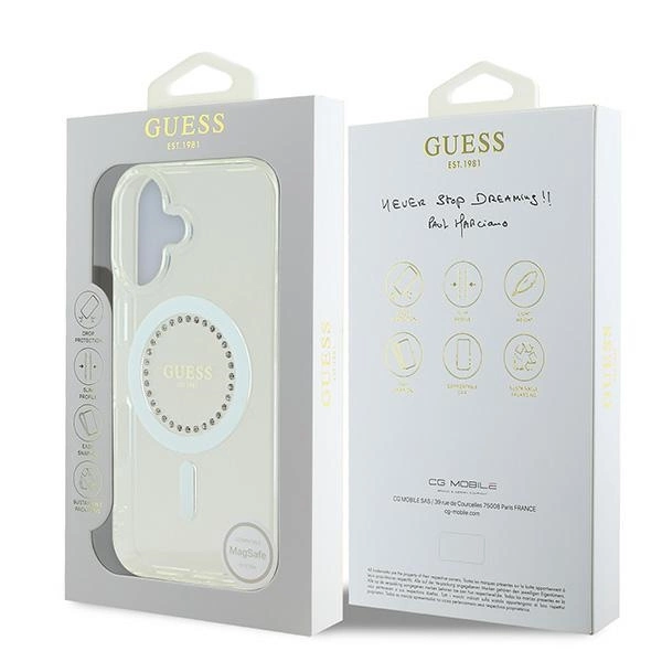 Etui Guess IML Rhinestones MagSafe na iPhone 16 - białe