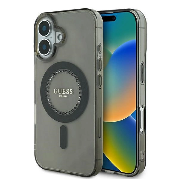 Etui Guess IML Rhinestones MagSafe na iPhone 16 - czarne