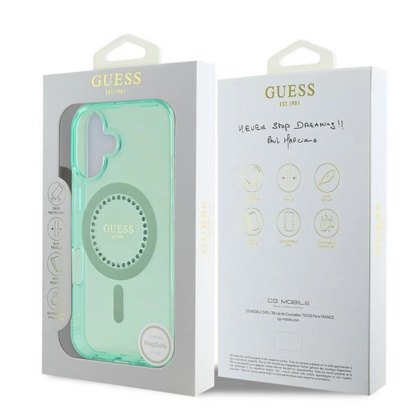 Etui Guess IML Rhinestones MagSafe na iPhone 16 - zielone
