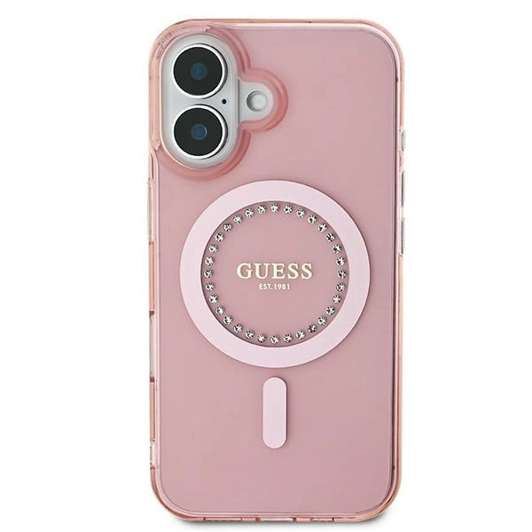 Etui Guess IML Rhinestones MagSafe na iPhone 16 - różowe