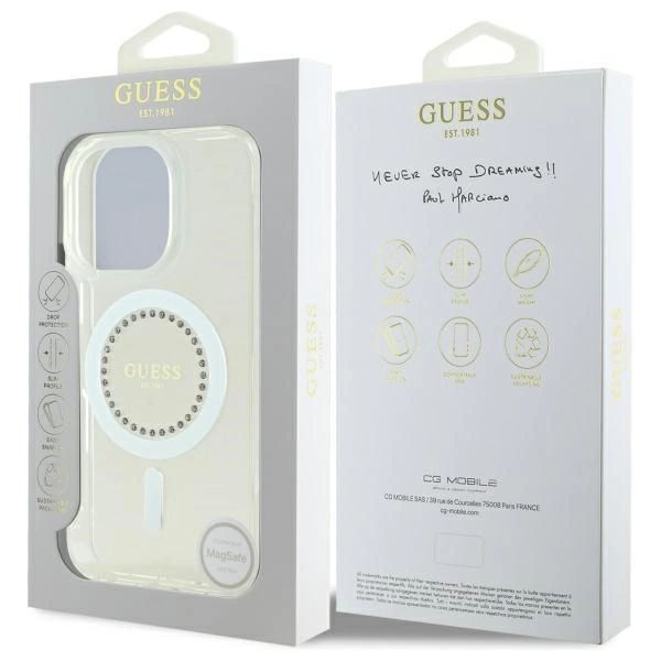 Etui Guess IML Rhinestones MagSafe na iPhone 16 Pro Max - białe
