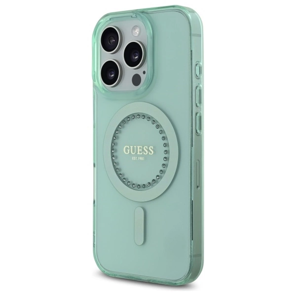 Etui Guess IML Rhinestones MagSafe na iPhone 16 Pro Max - zielone