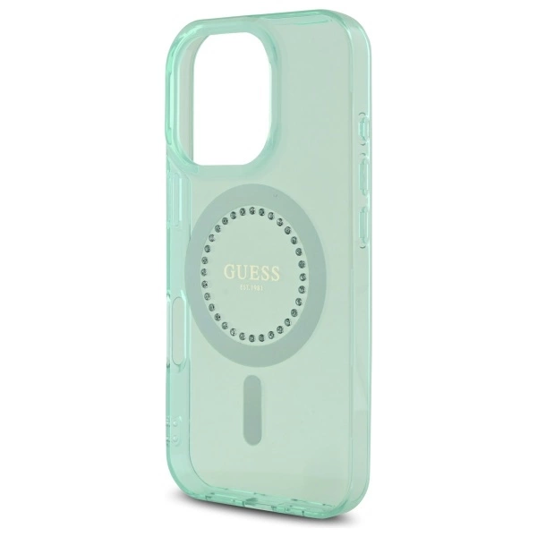 Etui Guess IML Rhinestones MagSafe na iPhone 16 Pro Max - zielone