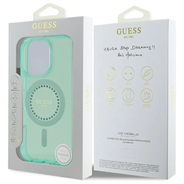 Etui Guess IML Rhinestones MagSafe na iPhone 16 Pro Max - zielone