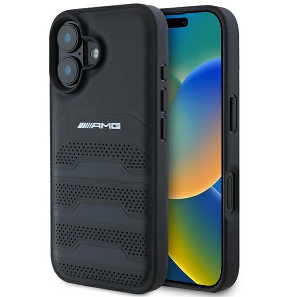 Etui AMG Leather Debossed Lines Black Logo na iPhone 16 - czarne