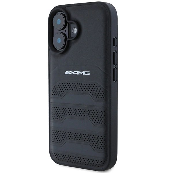 Etui AMG Leather Debossed Lines Black Logo na iPhone 16 - czarne