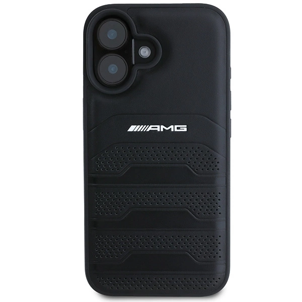 Etui AMG Leather Debossed Lines Black Logo na iPhone 16 - czarne