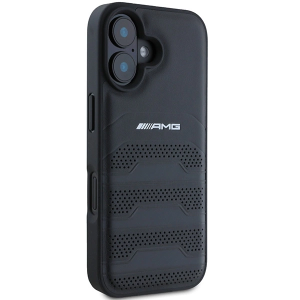 Etui AMG Leather Debossed Lines Black Logo na iPhone 16 - czarne