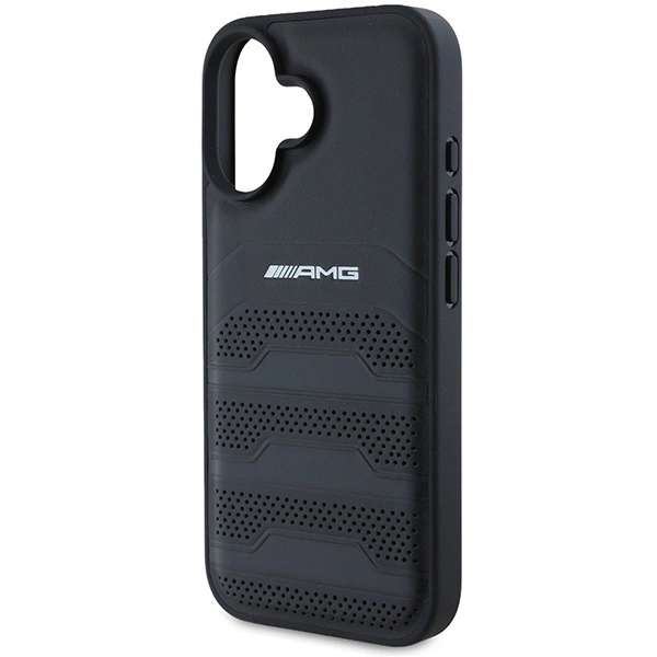 Etui AMG Leather Debossed Lines Black Logo na iPhone 16 - czarne
