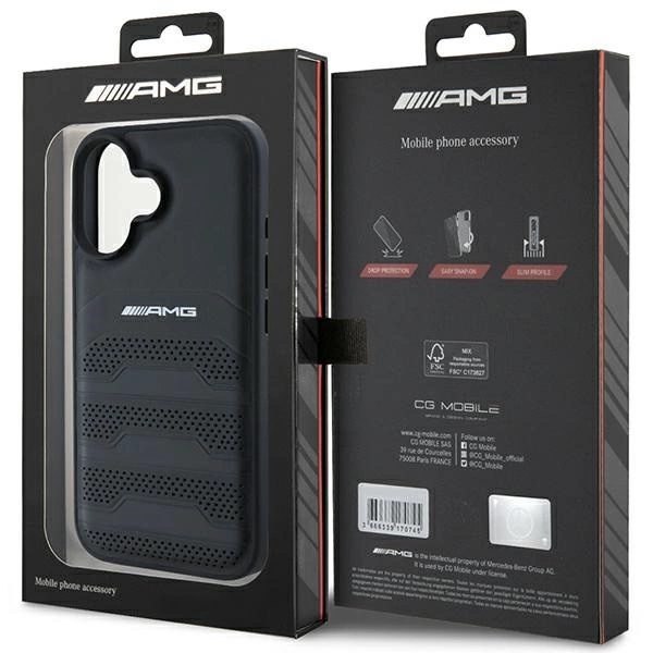 Etui AMG Leather Debossed Lines Black Logo na iPhone 16 - czarne