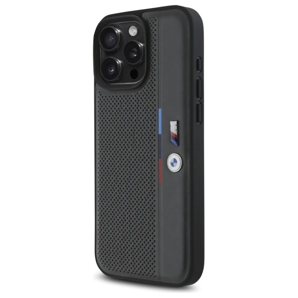 Etui BMW M Perforated Tricolor Detail Line na iPhone 16 Pro - ciemnoszare