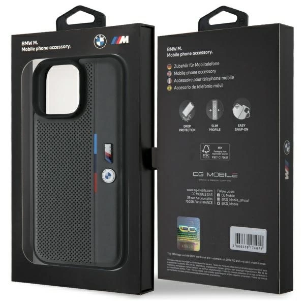 Etui BMW M Perforated Tricolor Detail Line na iPhone 16 Pro - ciemnoszare