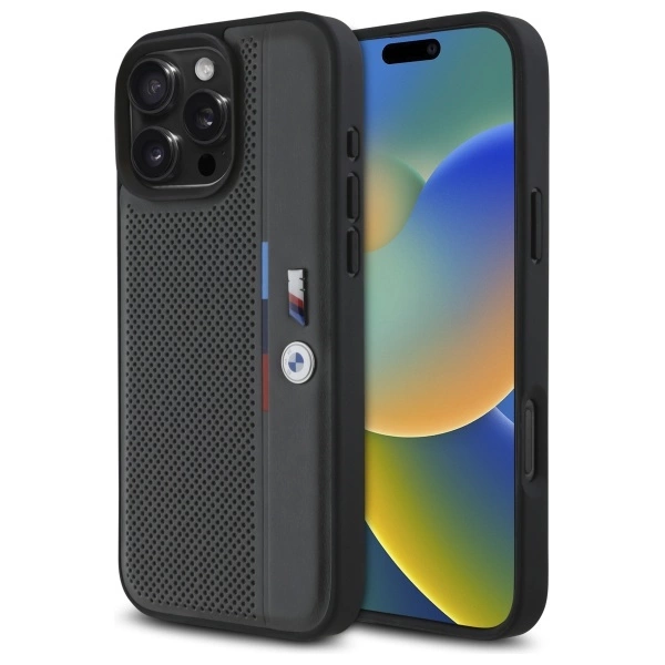 Etui BMW M Perforated Tricolor Detail Line na iPhone 16 Pro Max - ciemnoszare