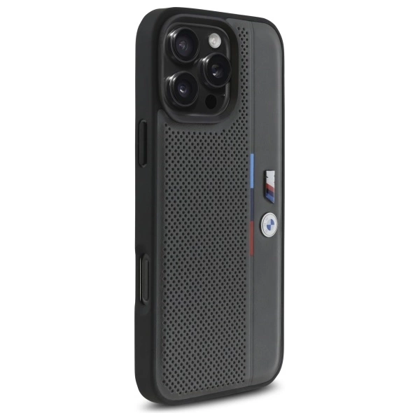 Etui BMW M Perforated Tricolor Detail Line na iPhone 16 Pro Max - ciemnoszare