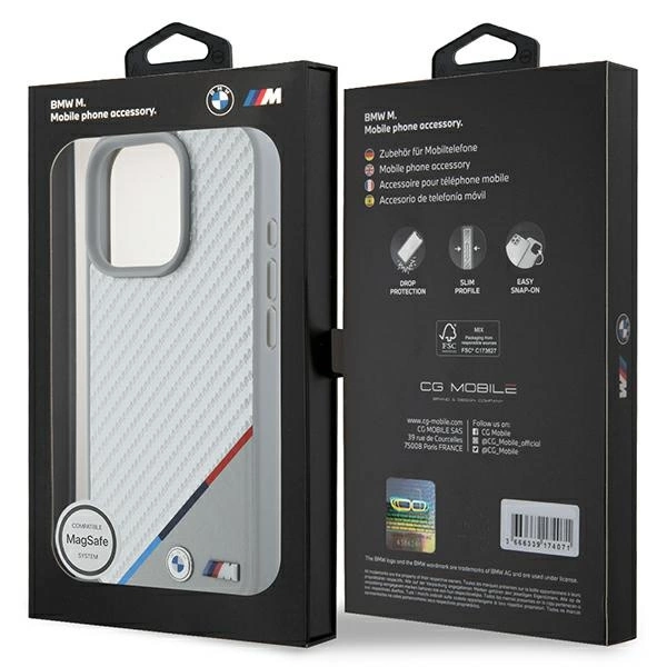 Etui BMW M Carbon Tricolor Line MagSafe na iPhone 16 Pro - szare