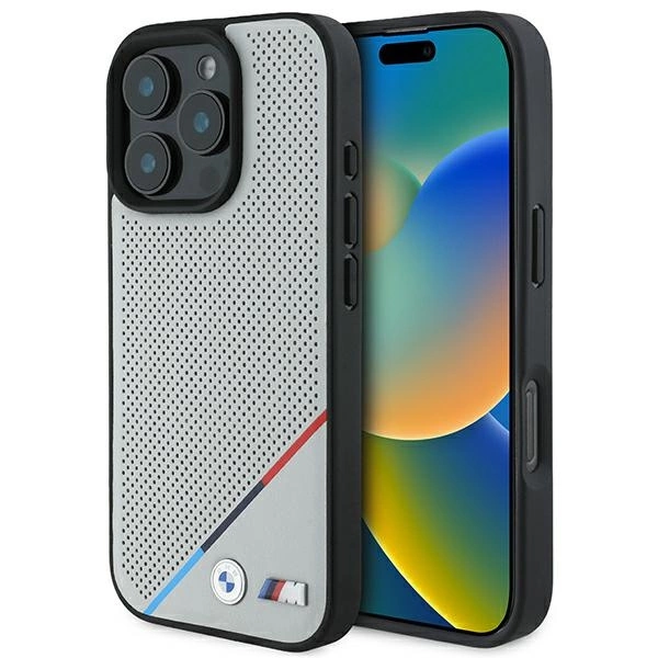 Etui BMW M Perforated Tricolor Line MagSafe na iPhone 16 Pro - szare